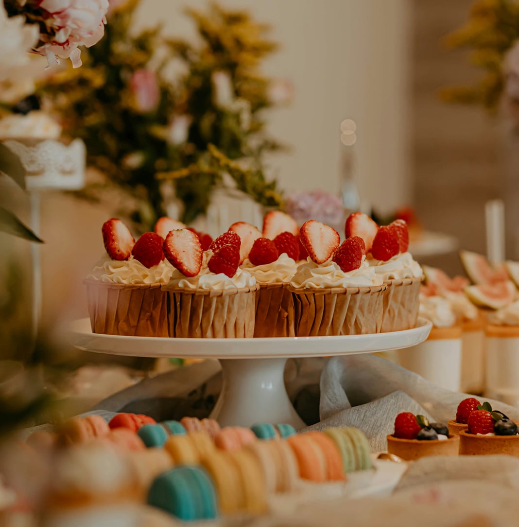 A dessert stand with sweets