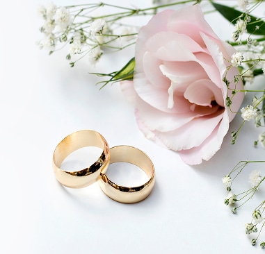 Two wedding rings alongside a pink rose.