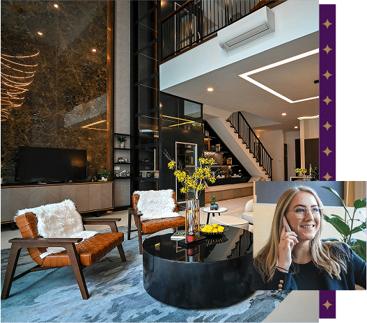 Hotel foyer with image of woman on the phone.